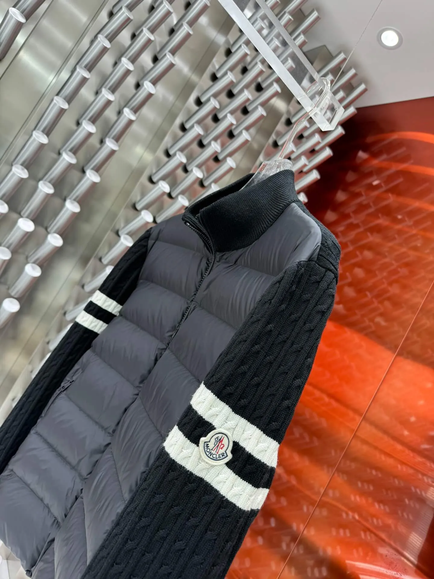 Moncler Black Puffer Jacket with Knitted Sleeves