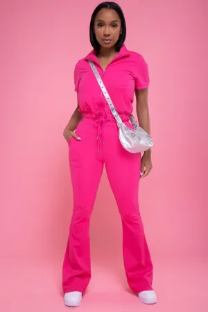 One Time Short Sleeve Flare Leg Pants Set - Fuchsia