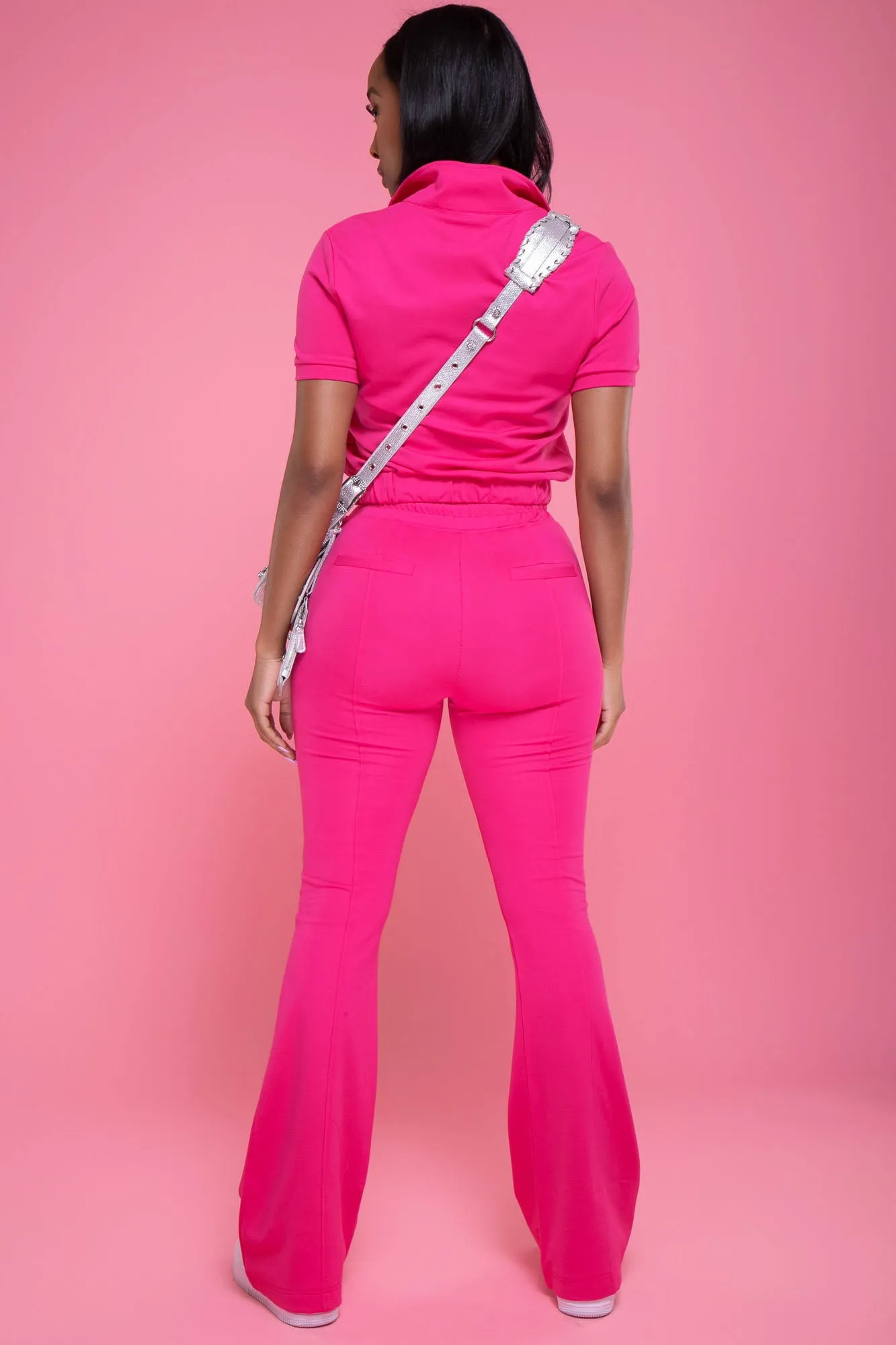 One Time Short Sleeve Flare Leg Pants Set - Fuchsia