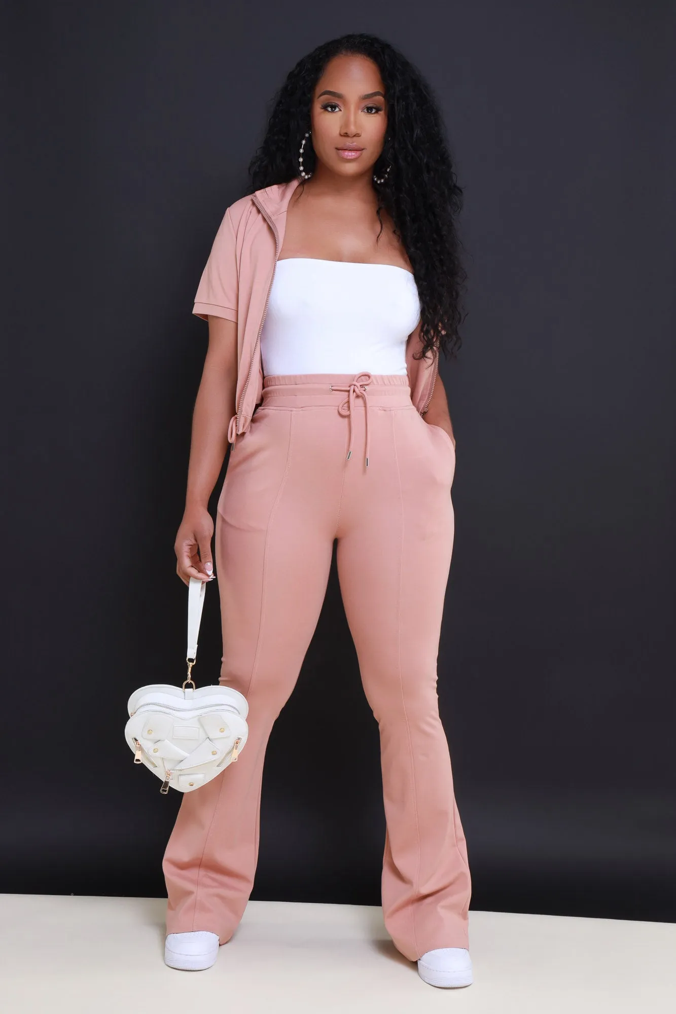 One Time Short Sleeve Flare Leg Pants Set - Nude Pink