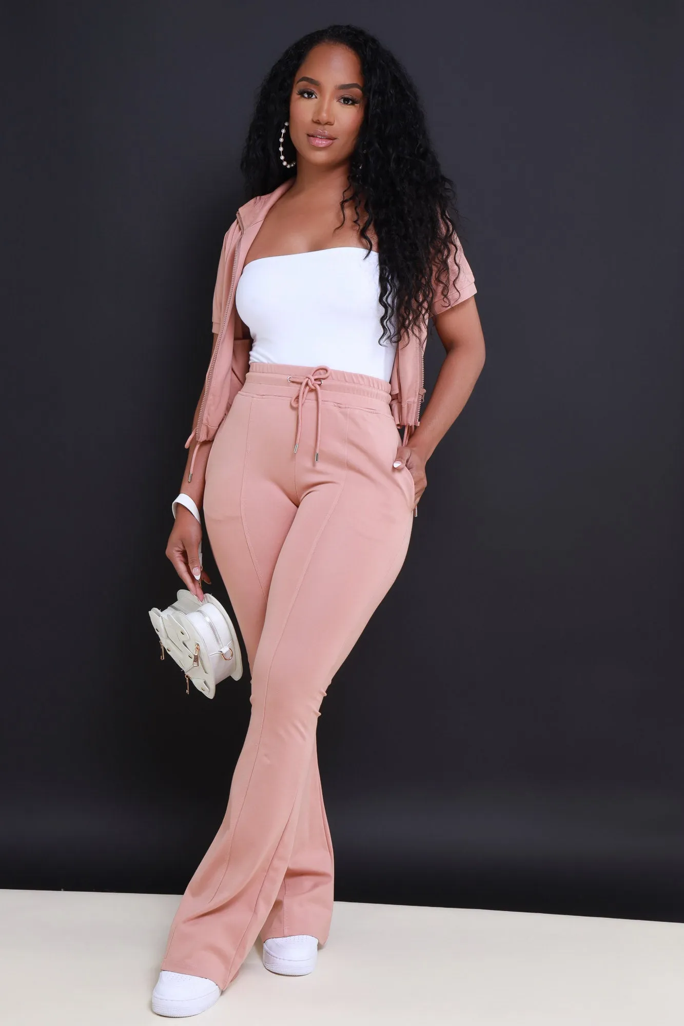 One Time Short Sleeve Flare Leg Pants Set - Nude Pink