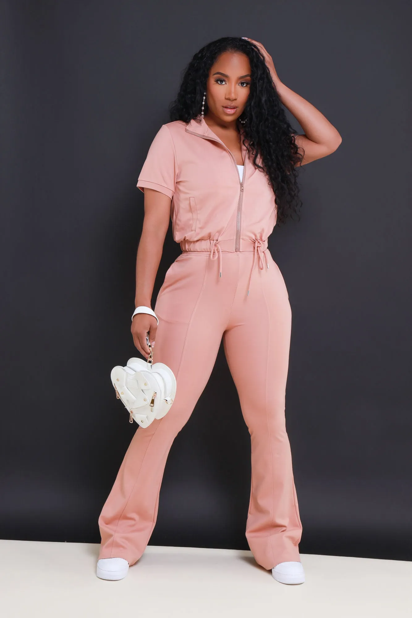 One Time Short Sleeve Flare Leg Pants Set - Nude Pink