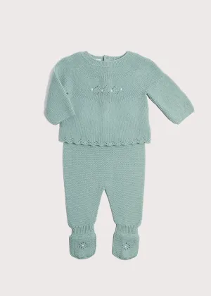 Openwork Contrast Dot Merino Wool Knitted Set in Green (0-12mths)