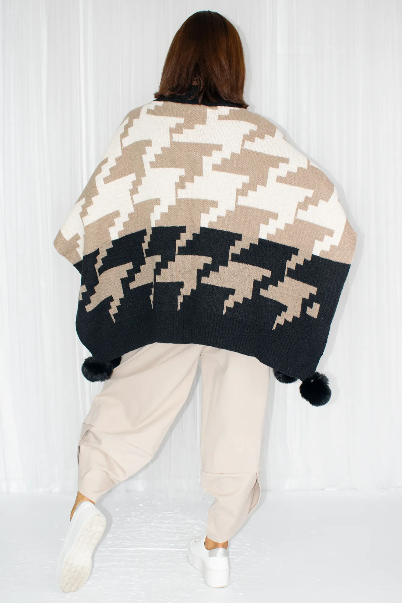 Penny Pom Pom Geometric Poncho Style Jumper in Mocha