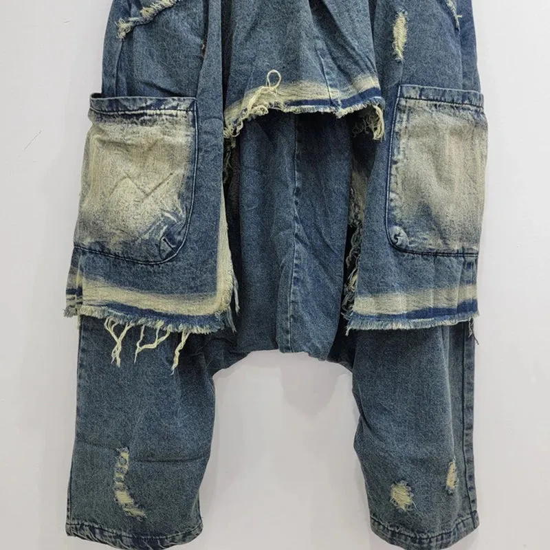 Pre Order: Patchwork High Elastic Waist Loose Denim Pants