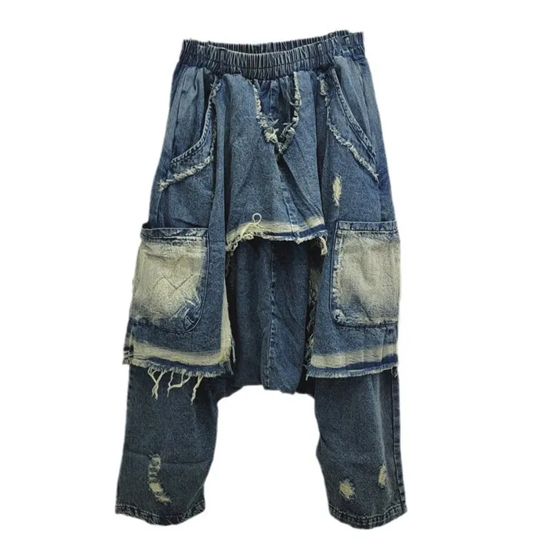 Pre Order: Patchwork High Elastic Waist Loose Denim Pants