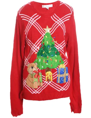 Red Embroidered & Applique Design Christmas Jumper - M