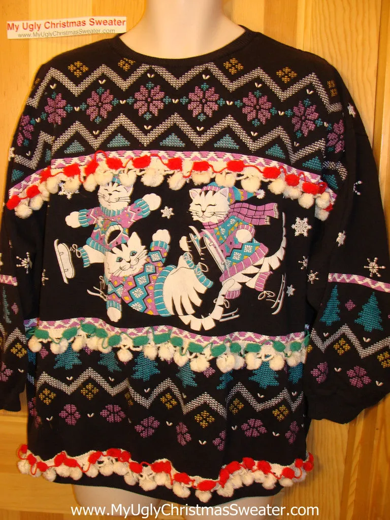 Retro 80s Festive Cats Ugly Christmas Tacky Sweatshirt Fringe (q60)