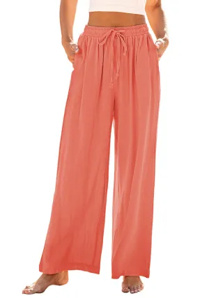 Salmon Relaxed Fit High Waisted Elastic Waist Wide Leg Drawstring Pocket Pant