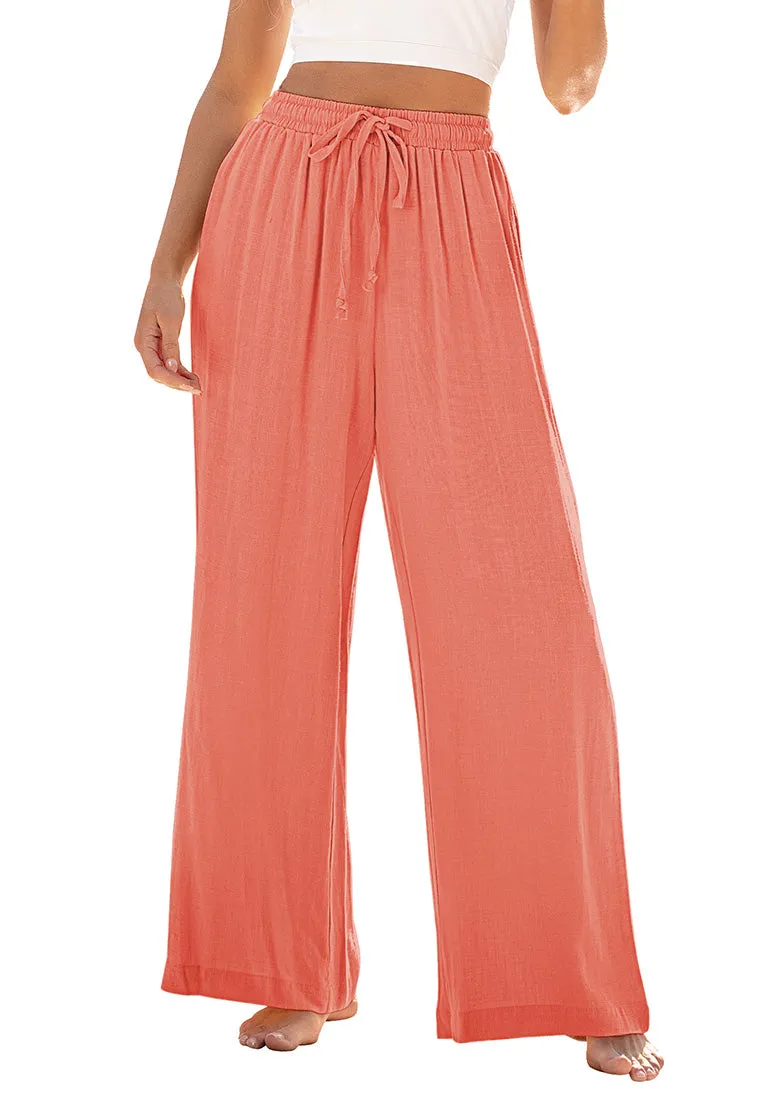 Salmon Relaxed Fit High Waisted Elastic Waist Wide Leg Drawstring Pocket Pant