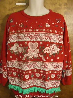 Seriously Tacky Red Christmas Sweatshirt with Lacy Hearts