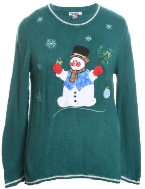 Snowman Design Dark Green Embroidered Christmas Jumper - M