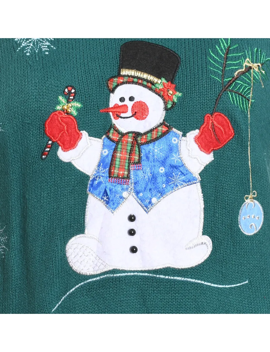 Snowman Design Dark Green Embroidered Christmas Jumper - M