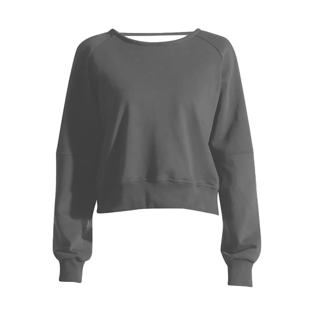 Solid Loose Casual Pullover Sweatshirt For Women Round Neck Long Sleeve Backless Crisscross Sweatshirt Female 2023