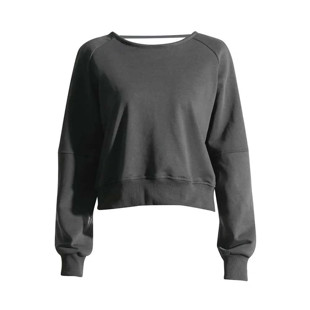 Solid Loose Casual Pullover Sweatshirt For Women Round Neck Long Sleeve Backless Crisscross Sweatshirt Female 2023