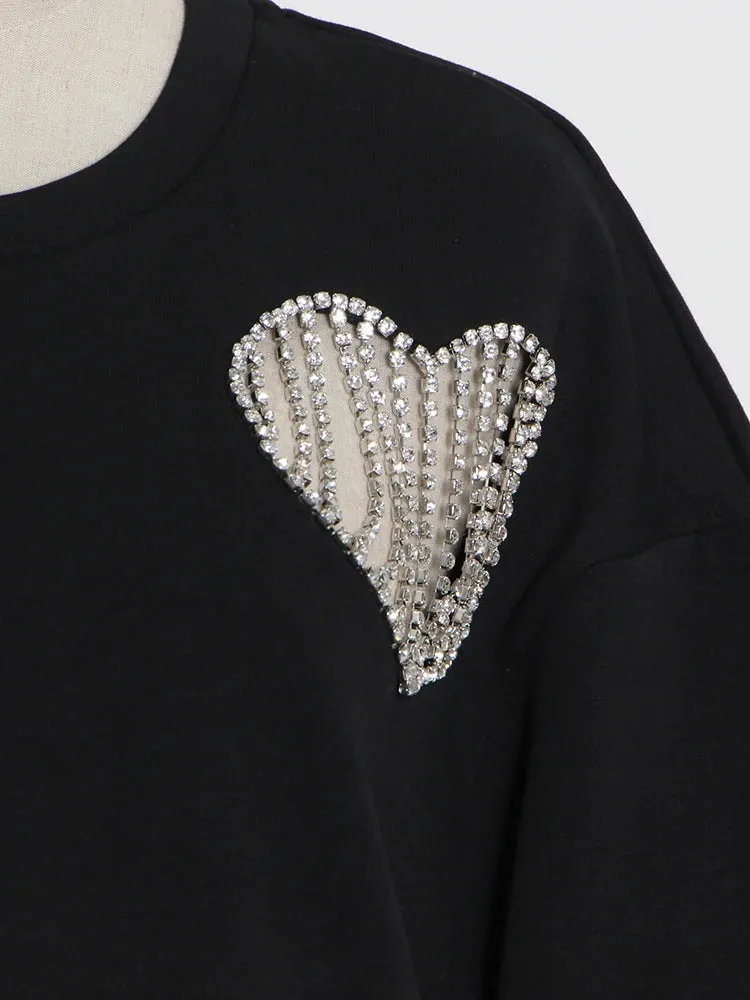 Solid Patchwork Diamonds Sweatshirt For Women Round Neck Long Sleeve Cut Out Minimalist Casual Sweatshirts Female