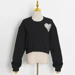 Solid Patchwork Diamonds Sweatshirt For Women Round Neck Long Sleeve Cut Out Minimalist Casual Sweatshirts Female