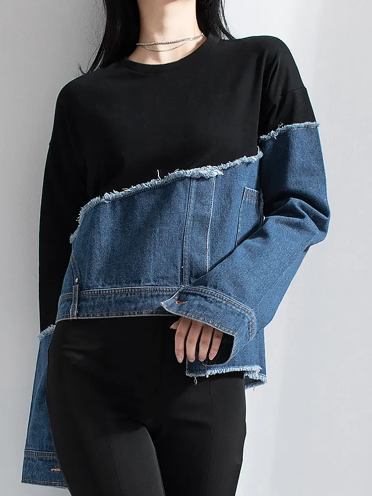 Streetwear Asymmetrical sweatshirt for women round neck long sleeve patchwork denim colorblock sweatshirts females