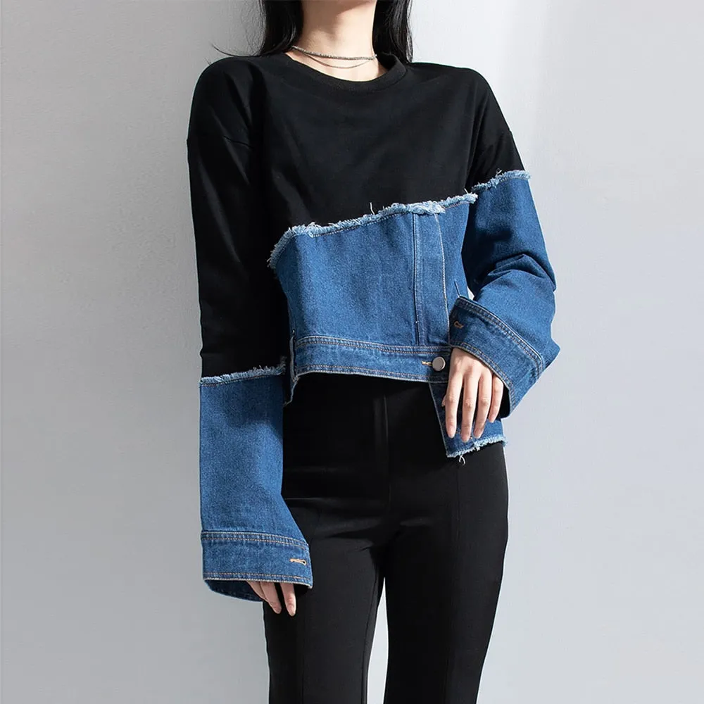 Streetwear Asymmetrical sweatshirt for women round neck long sleeve patchwork denim colorblock sweatshirts females