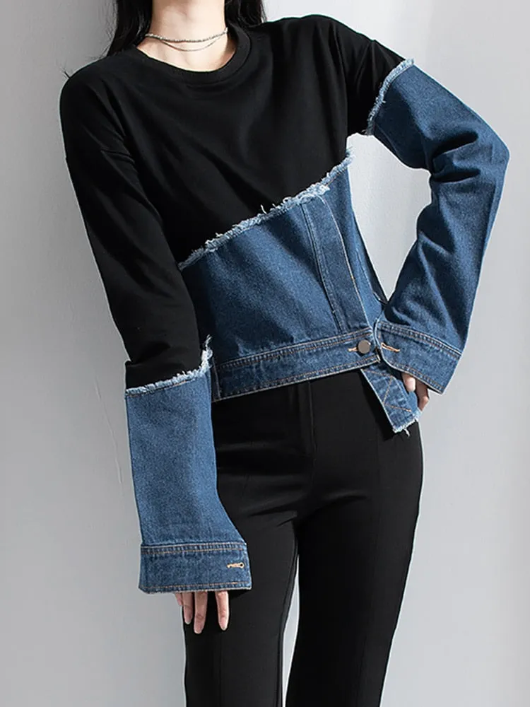 Streetwear Asymmetrical sweatshirt for women round neck long sleeve patchwork denim colorblock sweatshirts females