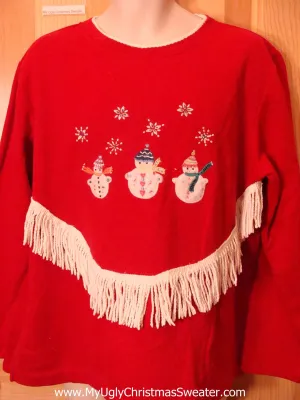 Tacky Red Christmas Sweatshirt with Snowman Fringe