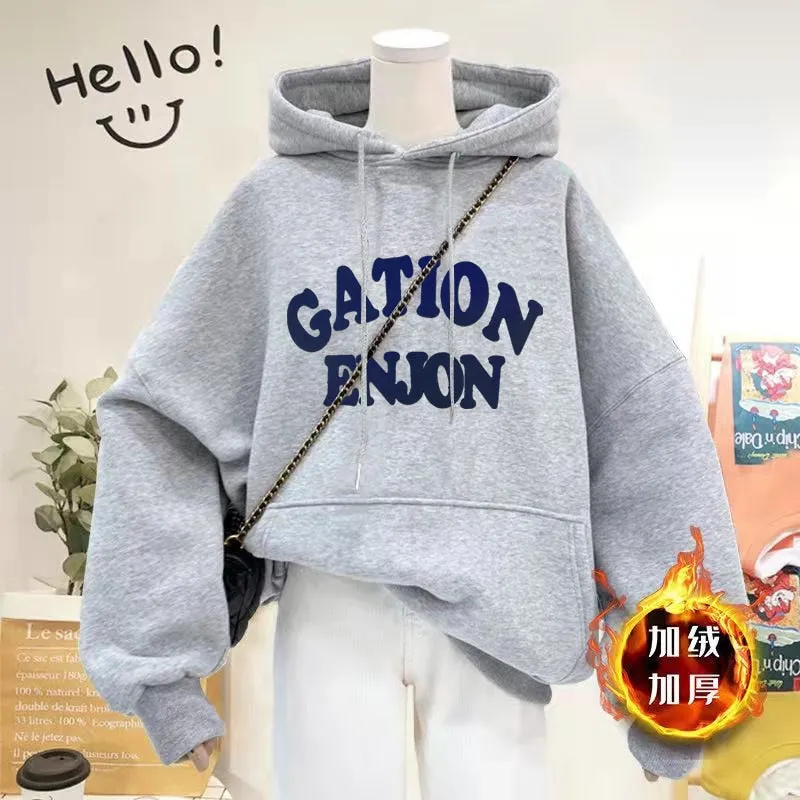 Thick Women Hoodies Winter Pullover Korean Loose Hooded Sweatshirt Warm Fashion Letter Casual Female Pocket Coat