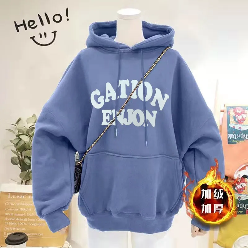 Thick Women Hoodies Winter Pullover Korean Loose Hooded Sweatshirt Warm Fashion Letter Casual Female Pocket Coat