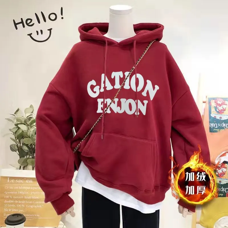 Thick Women Hoodies Winter Pullover Korean Loose Hooded Sweatshirt Warm Fashion Letter Casual Female Pocket Coat