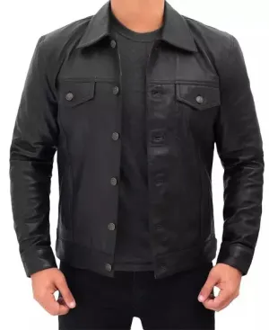 Trucker Mens Black Leather Jacket