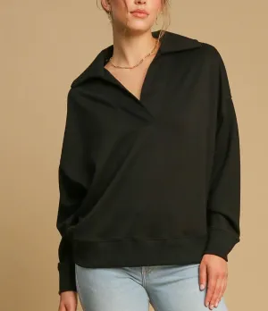 Umgee USA Black Sweatshirt Johnny Collar Long Sleeve Casual Basic Top