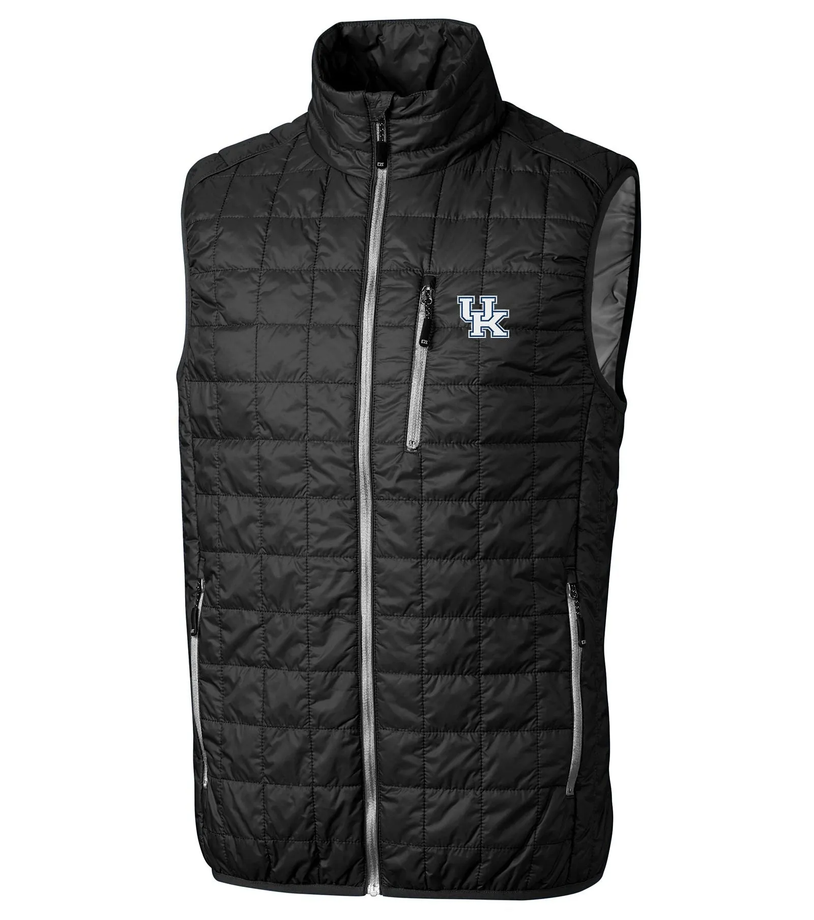 University of Kentucky Rainier PrimaLoft Mens Full Zip Puffer Vest in Black by Cutter & Buck