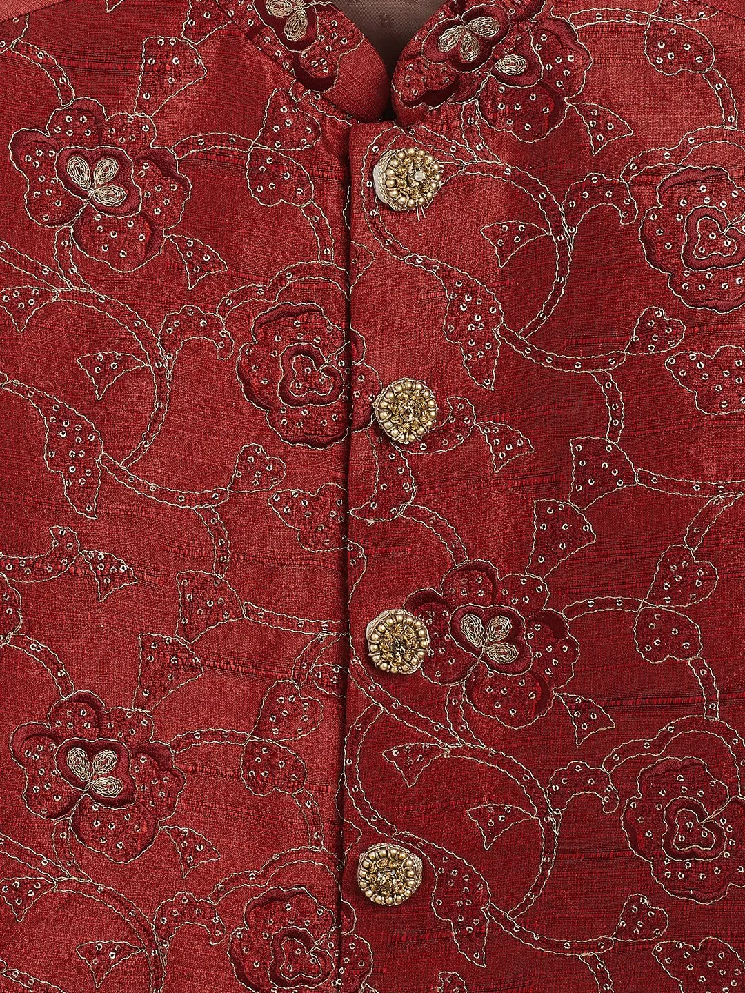 Vastramay Boy's Maroon Silk Blend Embroidered Nehru Jacket