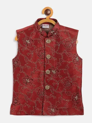 Vastramay Boy's Maroon Silk Blend Embroidered Nehru Jacket