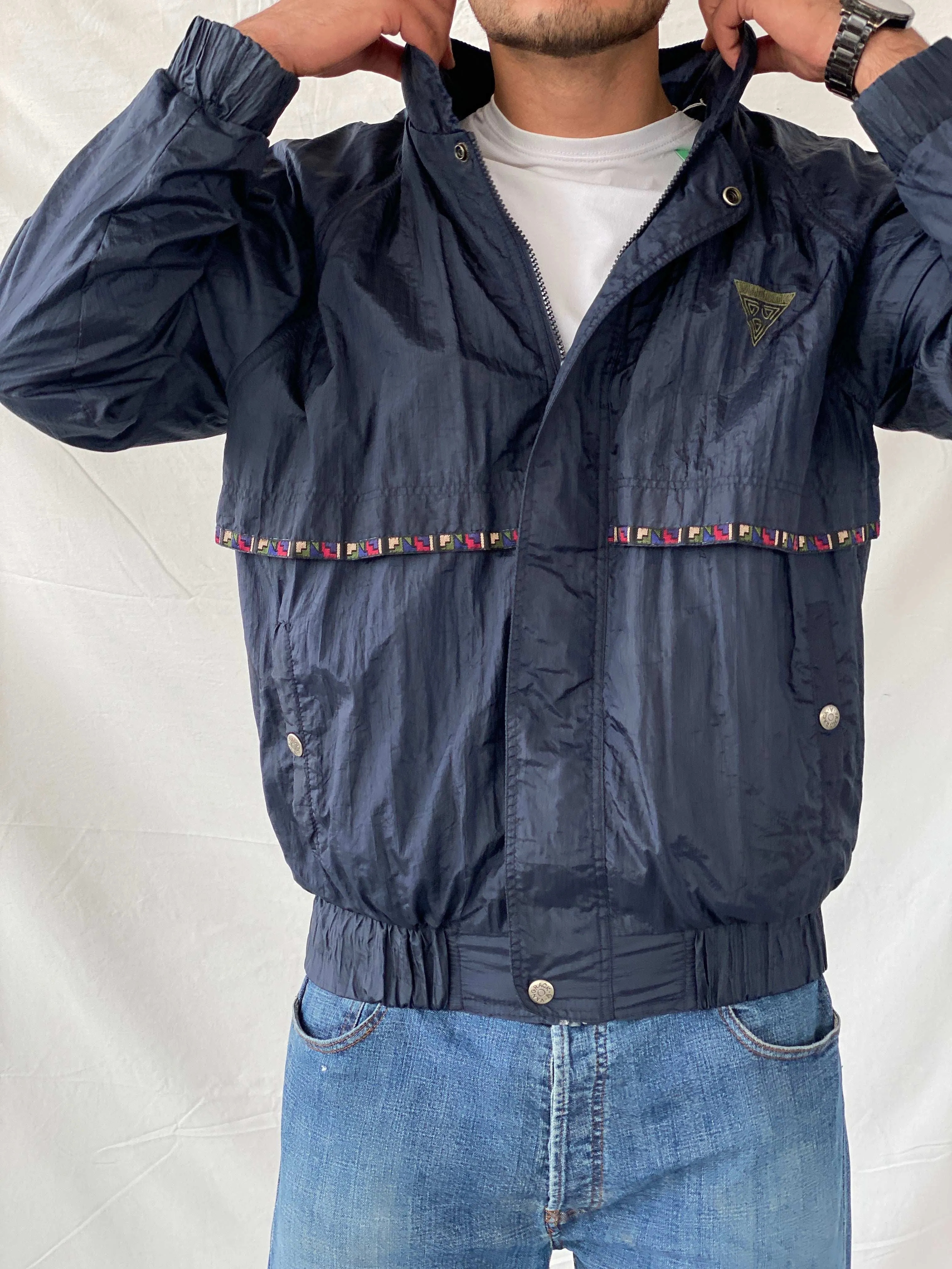 Vintage 80s/90s Van Grack Navy Windbreaker Track Jacket - L