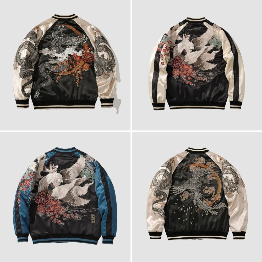 WLS Embroidered White Fox Baseball Zipper Jacket