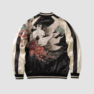 WLS Embroidered White Fox Baseball Zipper Jacket