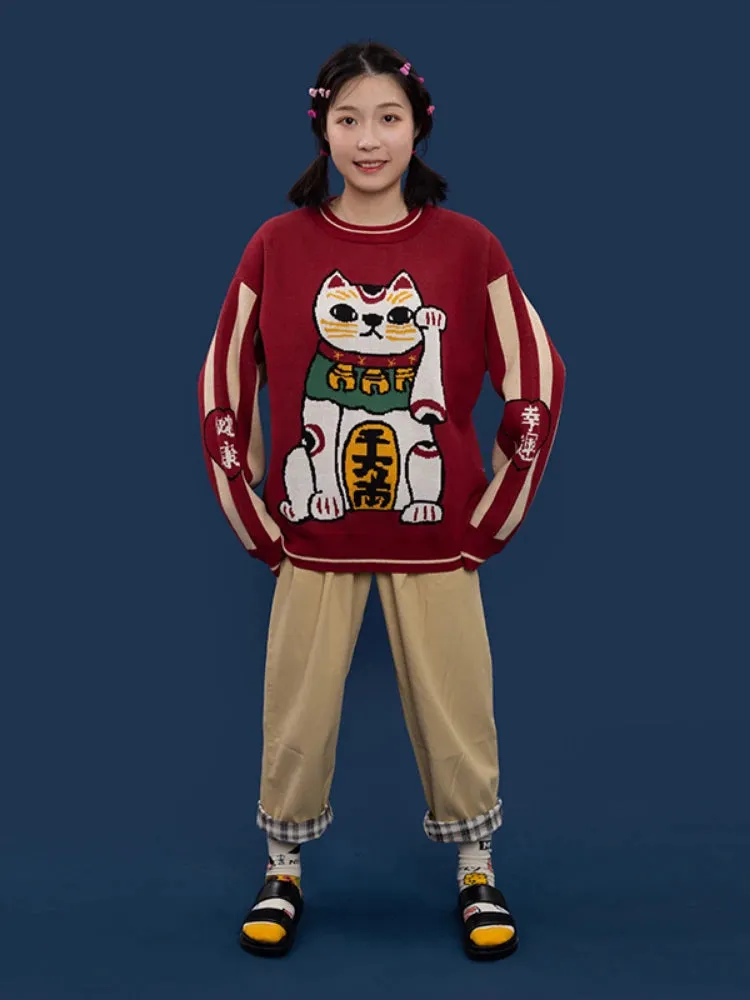 Women Cartoon Lucky Cat Embroidery Red Sweaters Harajuku Kawaii Knitted Pullover Winter Long Sleeve O-Neck Sweater