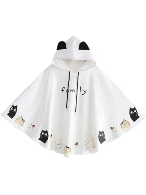 Women Cloak Outerwear Cartoon Cat Print With Ears On Hood Hoodies Coat Pullover Poncho Jacket  Hooded