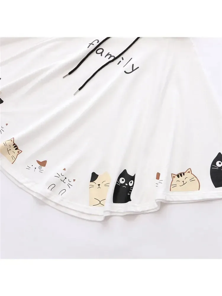 Women Cloak Outerwear Cartoon Cat Print With Ears On Hood Hoodies Coat Pullover Poncho Jacket  Hooded