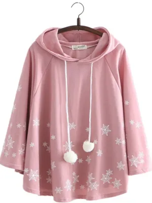 Women Coat Cloak Bat Sleeved Cartoon Snowflake Print Hooded Jacket Autumn Winter Batwing Sleeve Sweet Ladies Basic Outwears