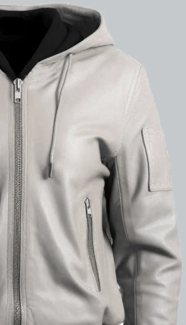 Women White Leather Jacket with Hood