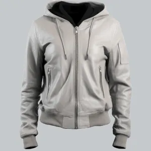 Women White Leather Jacket with Hood