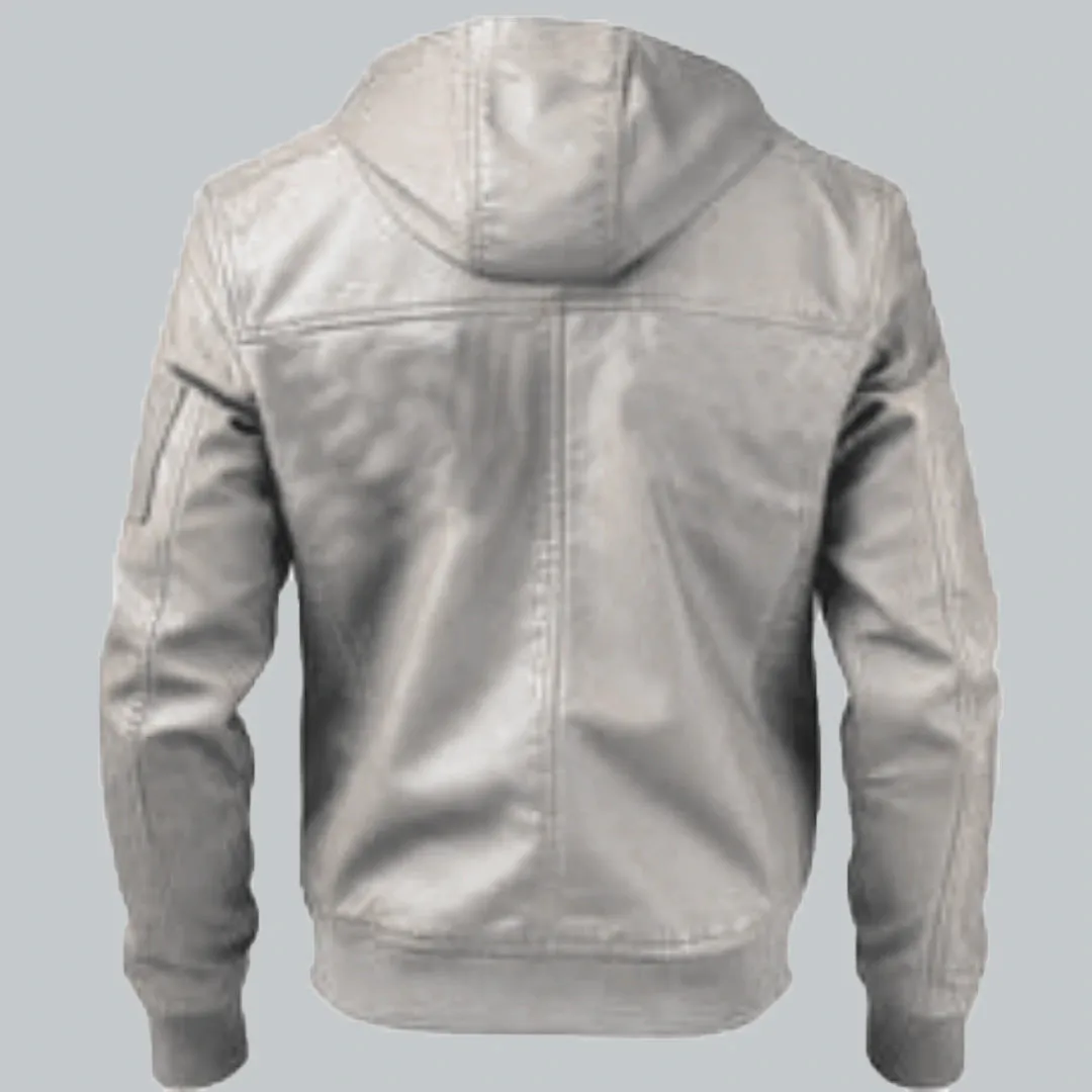 Women White Leather Jacket with Hood