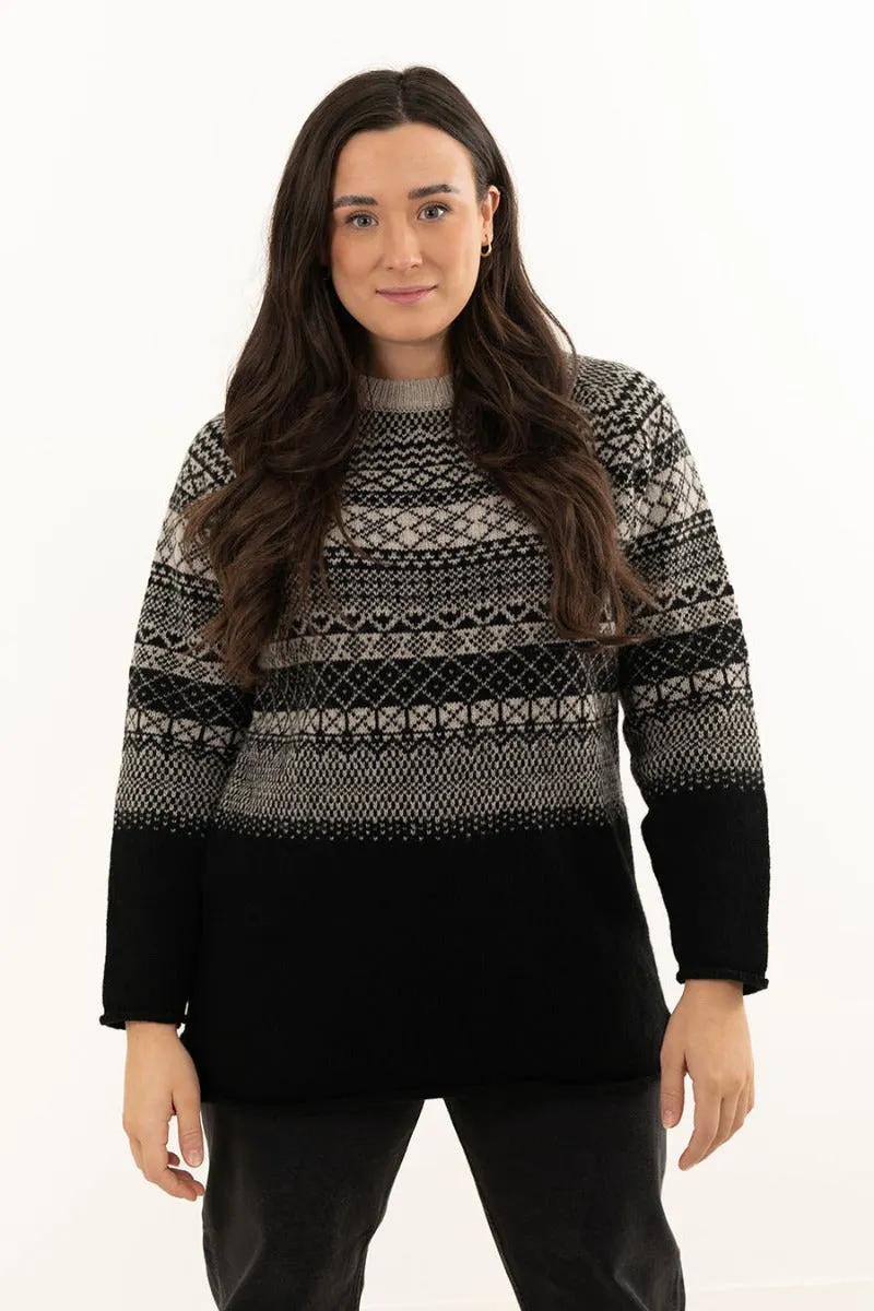 Womens Lace Fair Isle Tunic Jumper - Beige Black