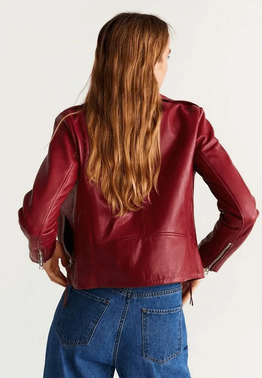 Women's Red Leather Biker Jacket