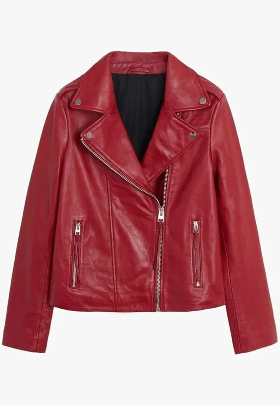 Women's Red Leather Biker Jacket