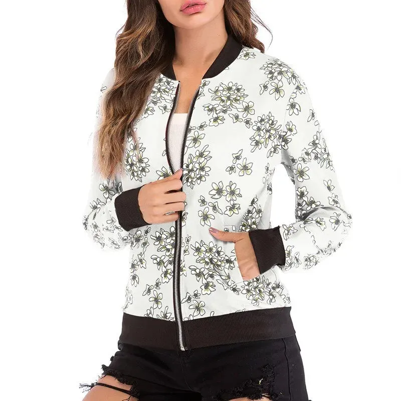 Wuhaobo Retro Floral Print Zip-Up Bomber Jacket for Women