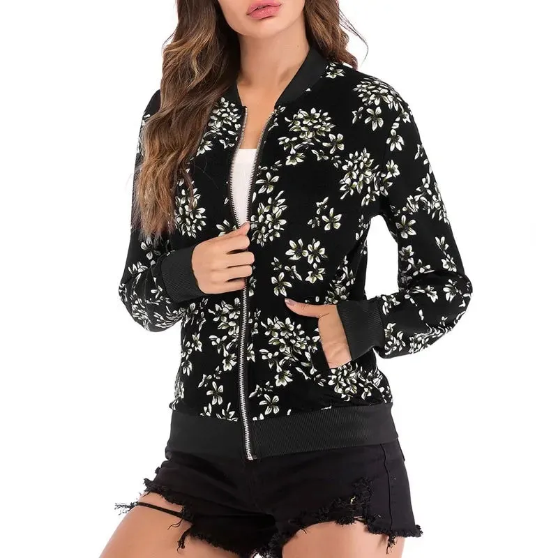 Wuhaobo Retro Floral Print Zip-Up Bomber Jacket for Women