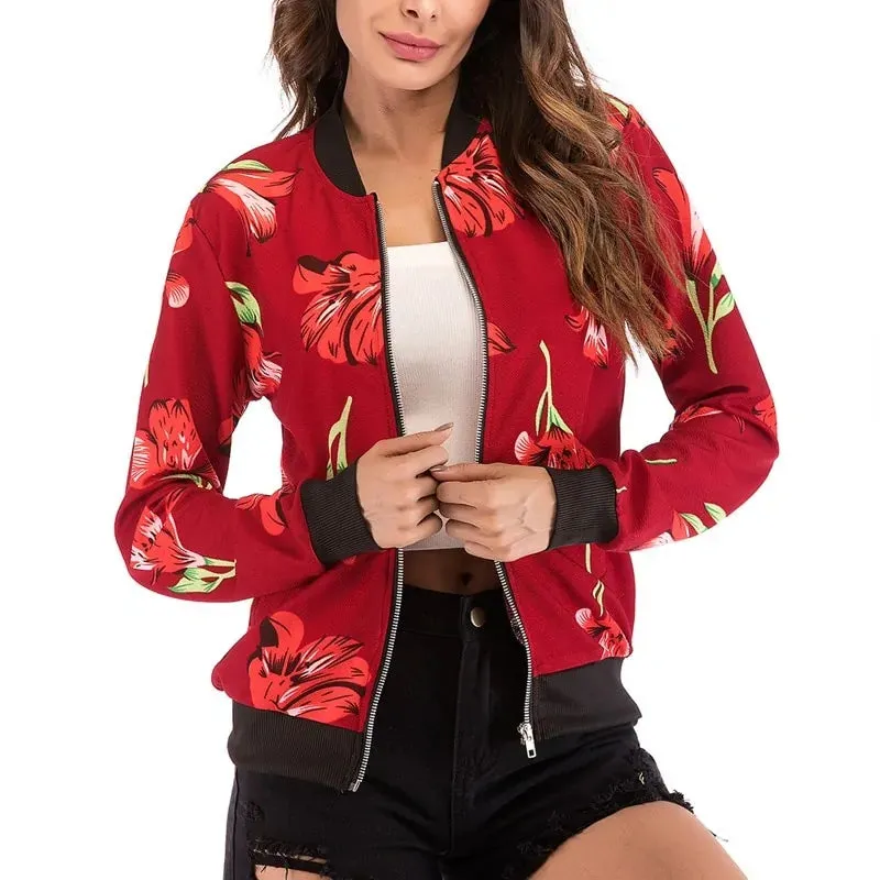 Wuhaobo Retro Floral Print Zip-Up Bomber Jacket for Women