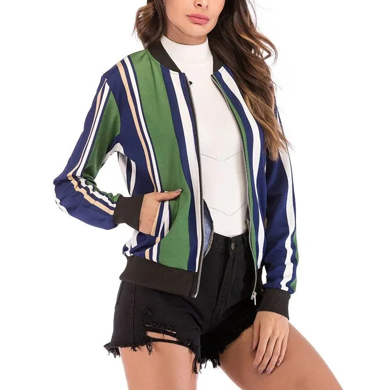 Wuhaobo Retro Floral Print Zip-Up Bomber Jacket for Women